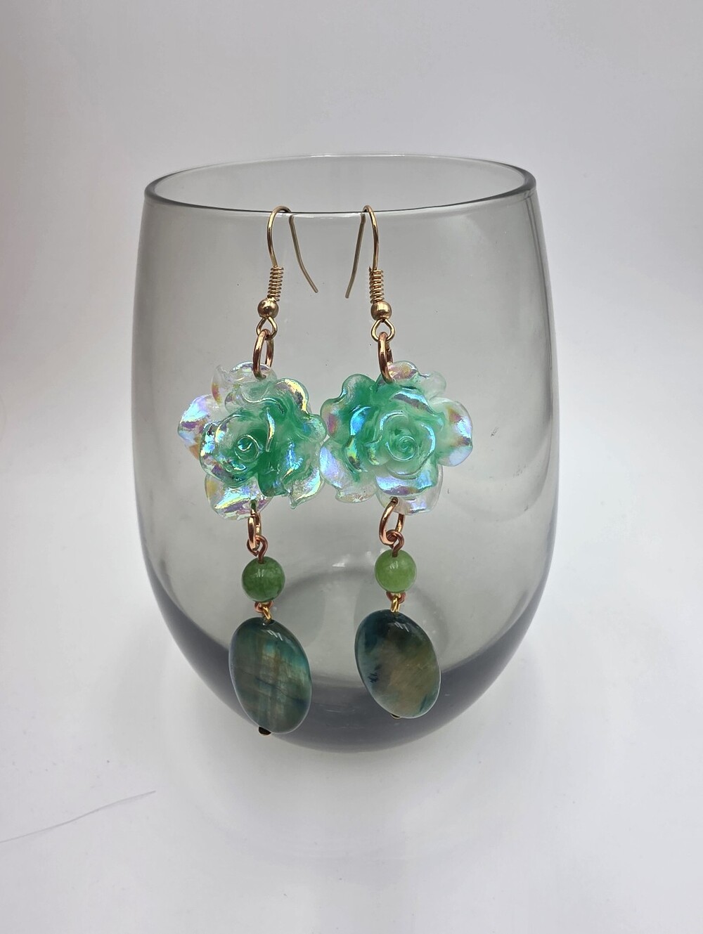 Handmade Iridescent Green Flower Drop Earrings with Green Jasper Stone - Picture 4 of 5